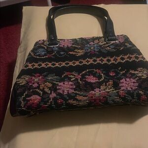 Floral Tapestry Handbag with Black Handles